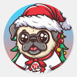 Niedlich Chibi Kawaii Dog Mops Weihnachtssticker Runder Aufkleber