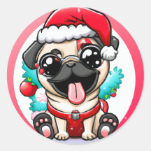 Niedlich Chibi Kawaii Dog Mops Weihnachtssticker