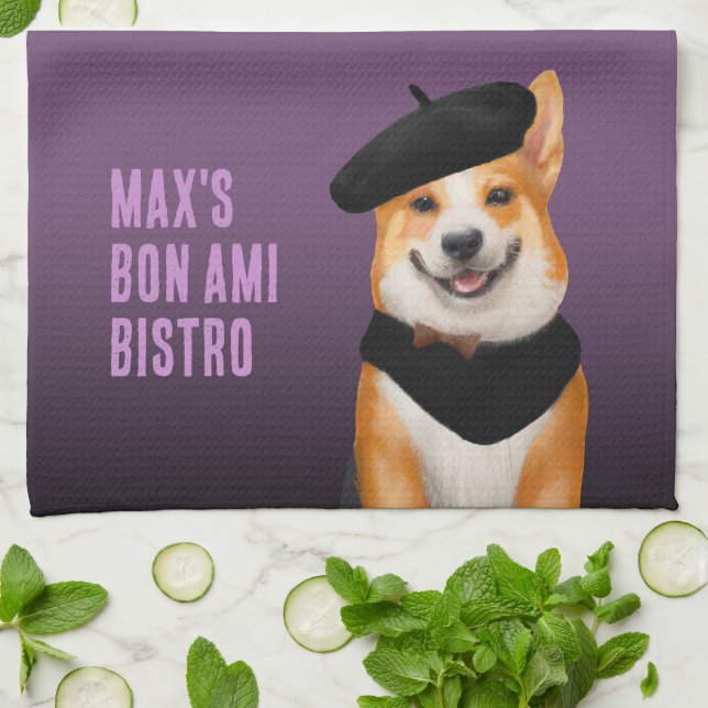 Niedlich Chic Corgi Dog Wearing Beret & Bandana Geschirrtuch (Gefaltet)
