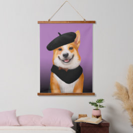 Niedlich Chic Corgi Dog Wearing Beret & Bandana Wandteppich Mit Holzrahmen