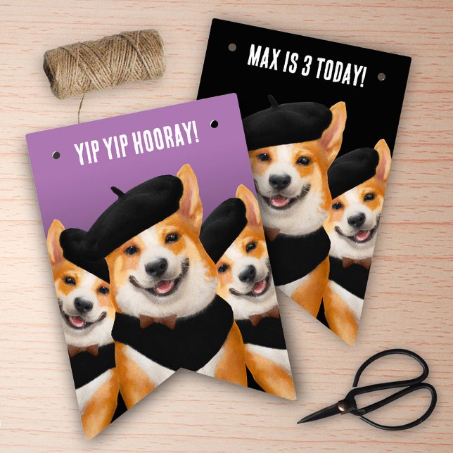 Niedlich Chic Corgis Yip Yip Hooray Happy Birthday Wimpelkette (Cute Corgi Dogs "Yip Yip Hooray!" Children's Birthday Bunting Flags Cover Photo.)