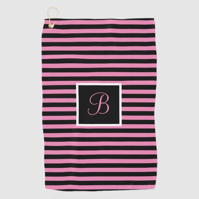 Niedlich Chic Custom Initial rosa und schwarz Stre Golfhandtuch (Vorderseite)