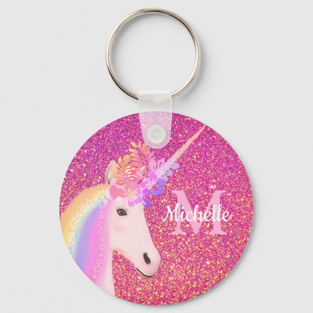 Niedlich Chic Rainbow Unicorn Rosa Glitzer Name Schlüsselanhänger (Vorderseite)