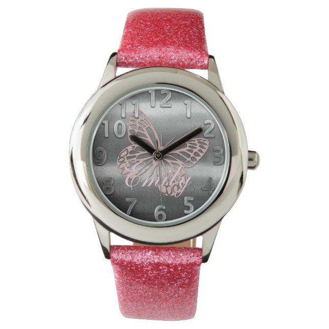 Niedlich Chic Silver Pink Butterfly Name Armbanduhr (Vorderseite)