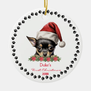 Niedlich Chihuahua Dog Paw Weihnachtsmannmütze 1.  Keramik Ornament