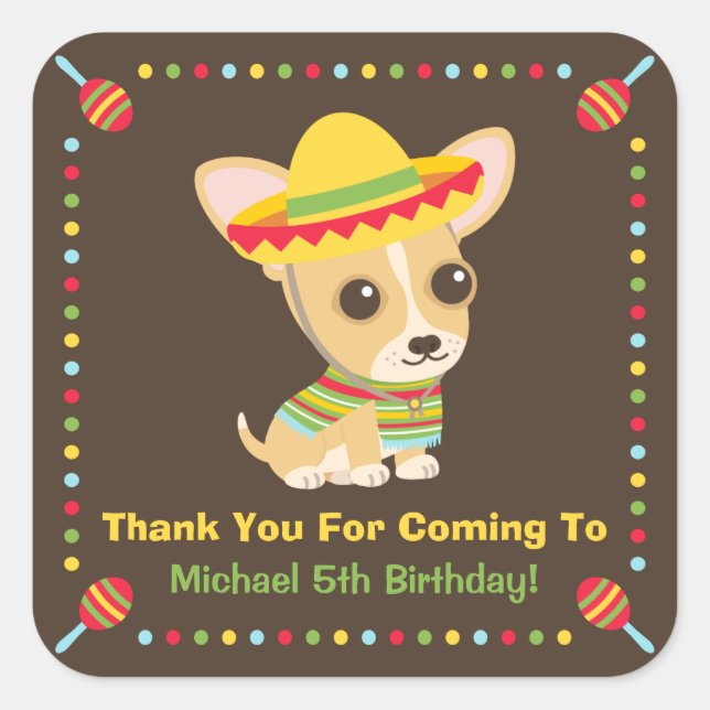 Niedlich Chihuahua Mexikanisch Kinder Fiesta Party Quadratischer Aufkleber (Vorderseite)