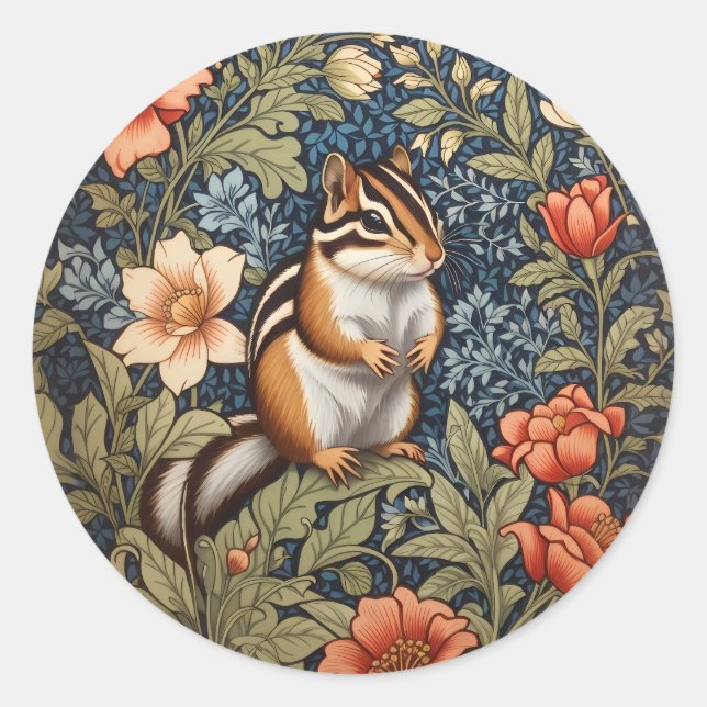 Niedlich Chipmunk William Morris Inspirierte flora Runder Aufkleber (Vorderseite)