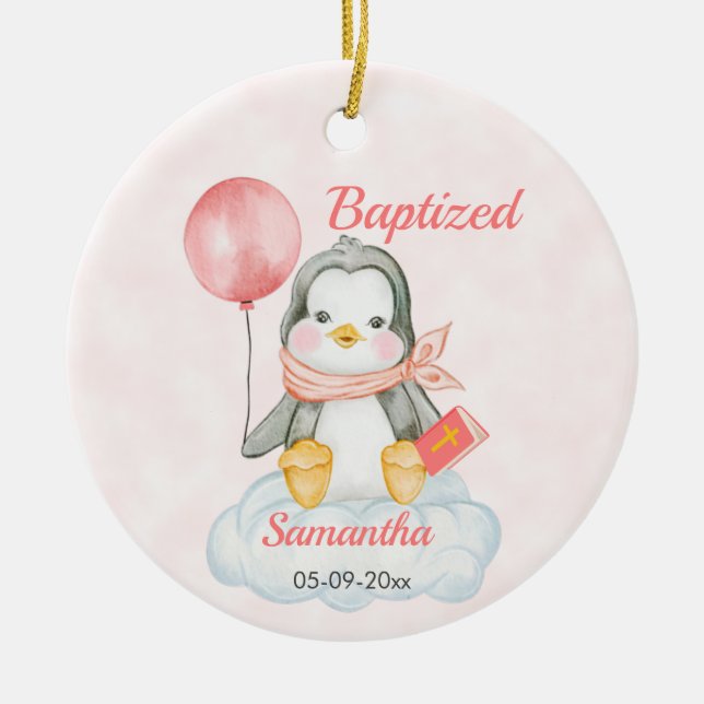 Niedlich Christening Baby Penguin Pink Keramik Ornament (Vorne)