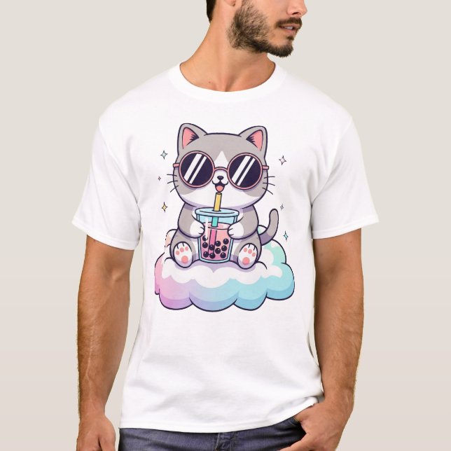 Niedlich Chubby Cat Drinking Bubble Tea - Kawaii T T-Shirt (Vorderseite)