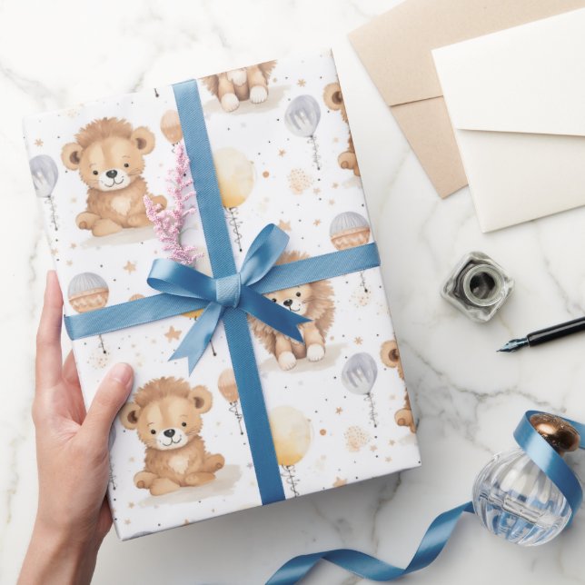 Niedlich Circus Lions Balloons Pattern Baby Dusche Geschenkpapier (Schenken)