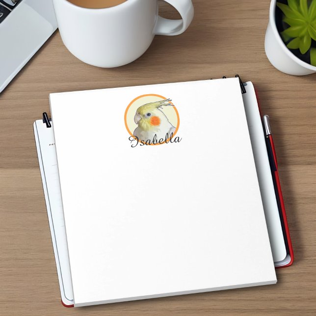 Niedlich Cockatiel Parrot Fun Bird Lover Perky Gel Notizblock (Personalized cockatiel notepad for parrot lovers and pet bird owners. Cheerful yellow & orange)