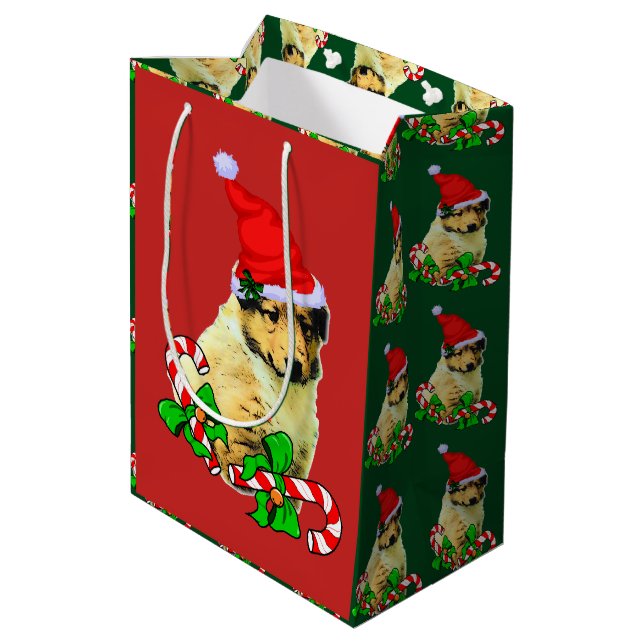 Niedlich Collie Puppy Christmas froh Mittlere Geschenktüte (Rückseite Schrägansicht)