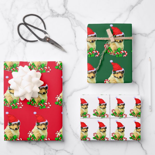 Niedlich Collie Puppy Weihnachten Geschenkpapier Set (Vorderseite)