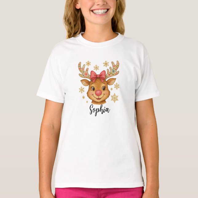 Niedlich Coquette Floral Weihnachts-Reindeer T-Shirt (Vorderseite)