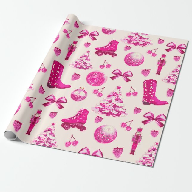 Niedlich Coquette Girly Preppy Pink Weihnachten Geschenkpapier (Ungerollt)