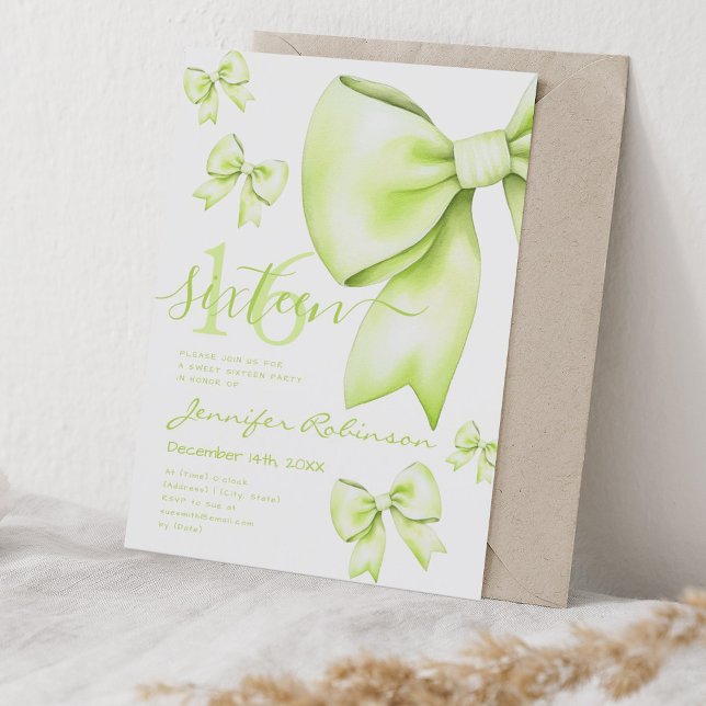 Niedlich Coquette Lime Green Bow Sweet 16 Einladung (Cute Coquette Lime Green Bow Sweet 16 Invitation)