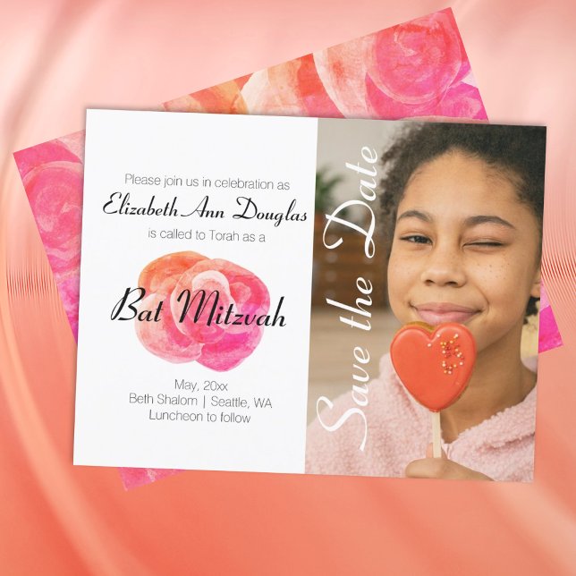 Niedlich Coral Orange, Rosa Bat Mitzvah Rett Datum Einladung (Coral Orange, Pink Rose Simple Save the Date Bat Mitzvah Invitation, Cute Simple Budget Invite)