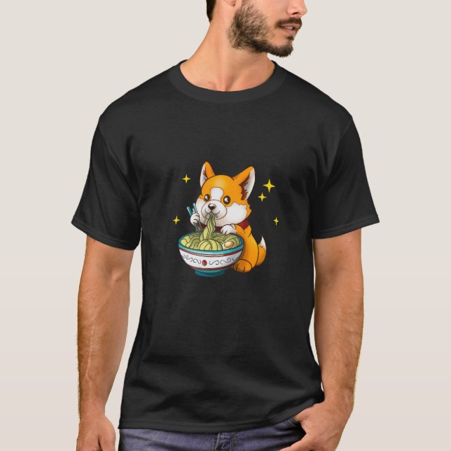 Niedlich Corgi essen Ramen Soup Funny Dog Lover T-Shirt (Vorderseite)