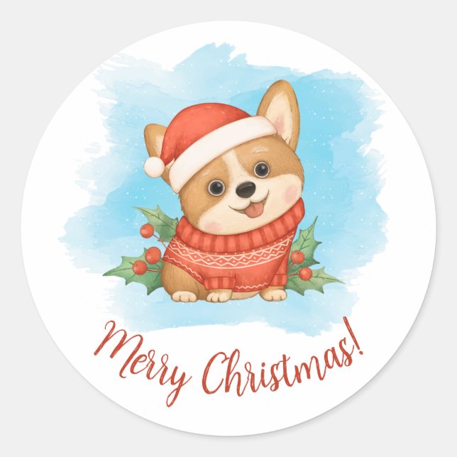 Niedlich Corgi Frohe Weihnachten Runder Aufkleber (Vorderseite)