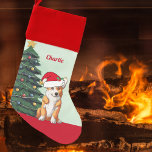 Niedlich Corgi in der Weihnachtsmannmütze Personal Weihnachtsstrumpf<br><div class="desc">Dieser wunderschöne Pembroke Walisisch Corgi Hund hat seinen Kopf in einem niedlichen Hut des Weihnachtsmanns gekippt. Die Jungfrau sitzt vor einem hübschen Weihnachtsbaum,  der mit farbenfrohen Ornamenten geschmückt ist. Personalisieren Sie diesen Weihnachts-Strumpf für Ihr Haustier in herrlicher roter Kursiv über dem wunderbaren zeichn meiner Lieblingshunde.</div>