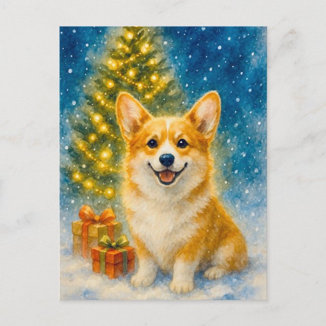 Niedlich Corgi Merry Happy Christmas Tree Postcard Postkarte (Vorderseite)