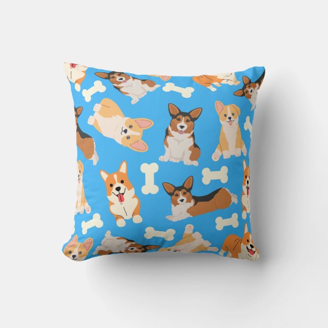 Niedlich Corgi Muster Blau Kissen (Vorderseite)
