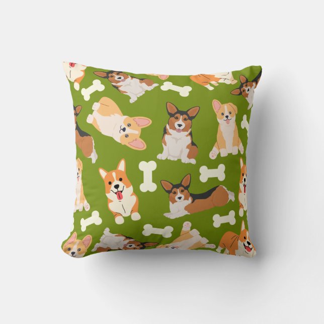 Niedlich Corgi Muster Green Kissen (Vorderseite)
