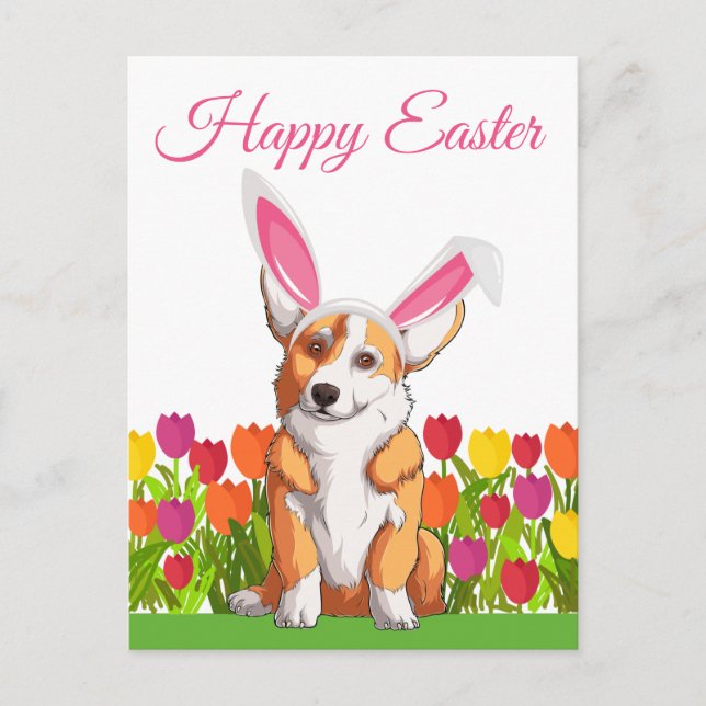 Niedlich Corgi Ostergebliebene Ohren Tulip Blume Postkarte (Vorderseite)