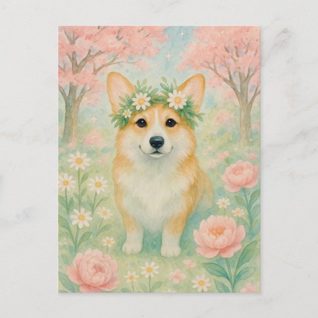Niedlich Corgi Spring Welsh Corgi Queen Postcard Postkarte (Vorderseite)