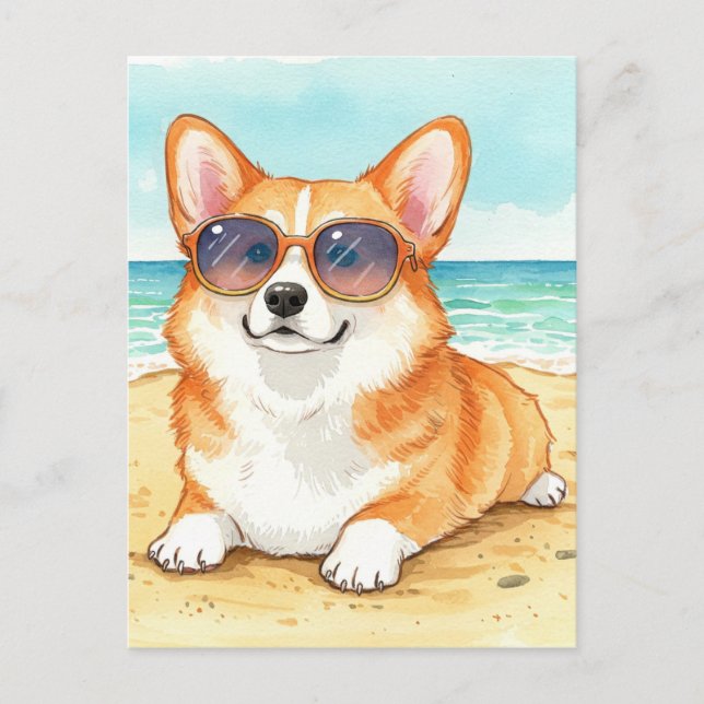 Niedlich Corgi Sunglasses Beach Ocean Summer Postc Postkarte (Vorderseite)