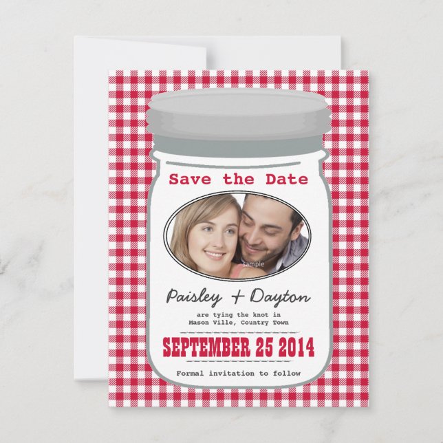 Niedlich Country Gingham Mason Jar Save the Date (Vorderseite)