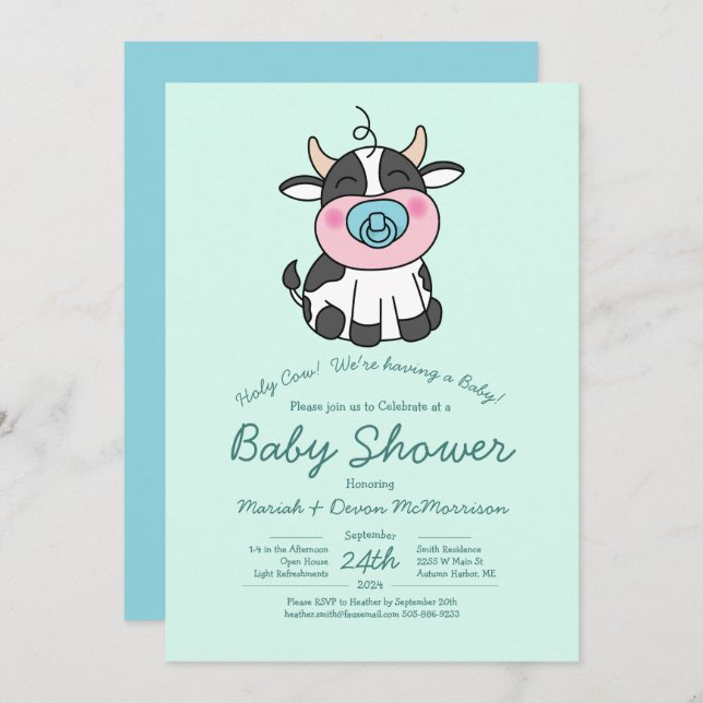 Niedlich Cow Baby Shower Kawaii Blue Boy Einladung (Vorne/Hinten)