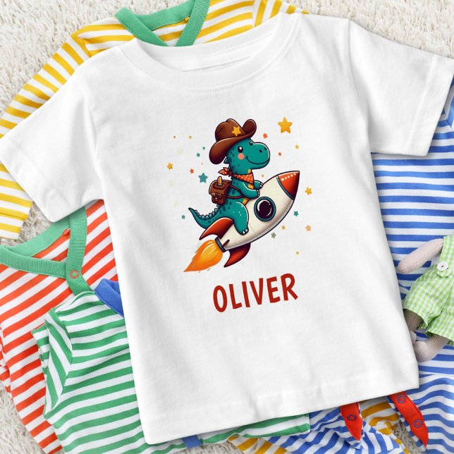 Niedlich Cowboy Dinosaur Riding Space Rocket Baby T-shirt (Von Creator hochgeladen)