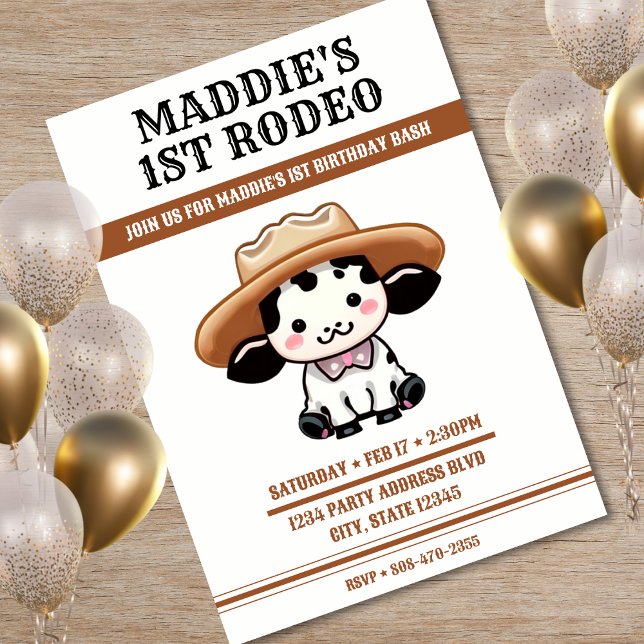 Niedlich Cowboy Hat 1. Geburtstag Party Einladung (Cute Cow Cowboy Hat 1st Birthday Party Invitation)
