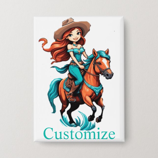 Niedlich Cowgirl Riding Pony Thunder_Cove Button (Vorderseite)