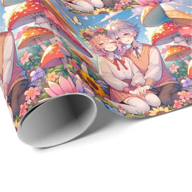 Niedlich Cudly Anime Couple Whimsical Romantic Geschenkpapier (Rolleneckpunkt)