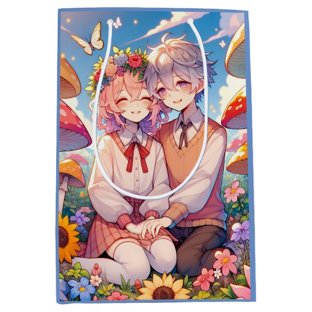 Niedlich Cudly Anime Couple Whimsical Romantic Mittlere Geschenktüte (Vorderseite)