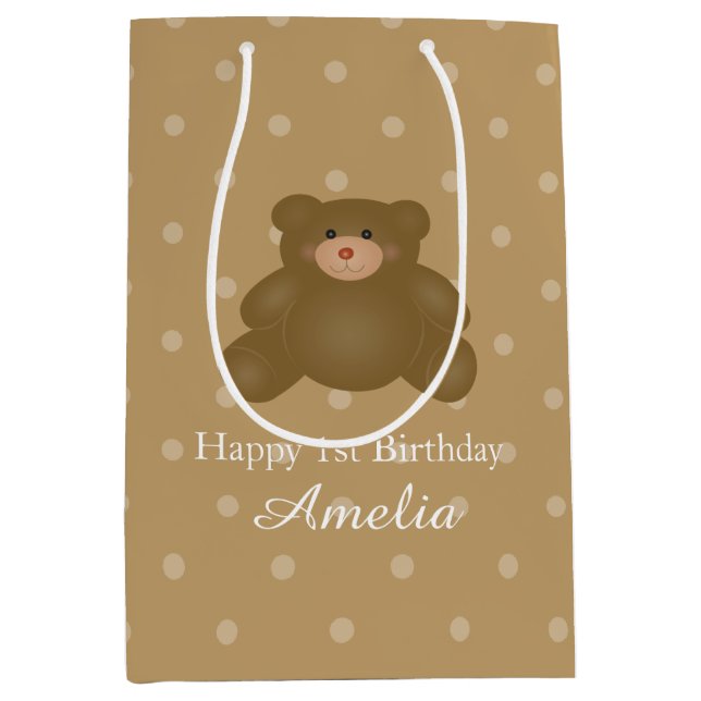 Niedlich Cudly Brown Teddy Bear Baby Girl Birthday Mittlere Geschenktüte (Vorderseite)
