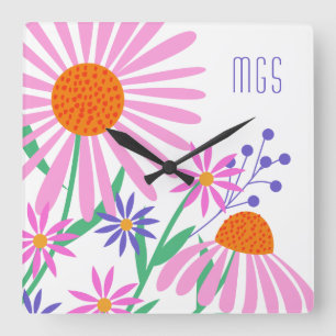 Niedlich Daisies kundenspezifische Monogramm-Wandu Quadratische Wanduhr