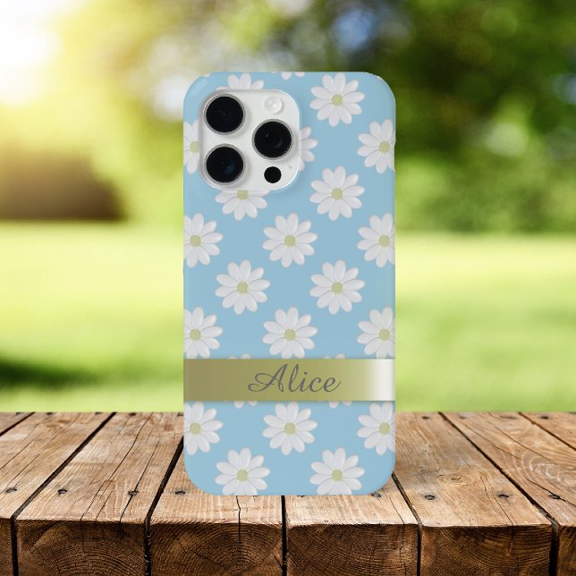 Niedlich Daisy Blume Sky Blue Floral Daisies Case-Mate iPhone Hülle (Springtime blue sky and daisy pattern phone case with space for your name)