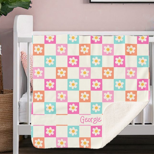Niedlich Daisy Chequerboard Einfache Farbenfrohe Sherpadecke (Cute personalized sherpa blanket with colorful daisy chequerboard pattern)