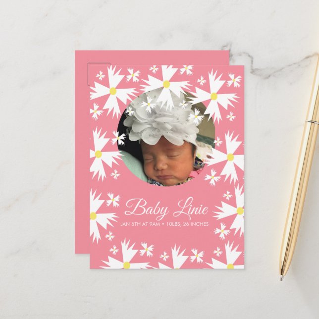 Niedlich Daisy Florals Border Foto Baby Ankündigungspostkarte (Vorderseite/Rückseite Beispiel)