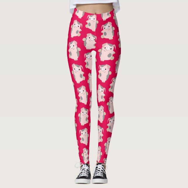 Niedlich Dancing Cartoon Pig Muster Leggings (Vorderseite)