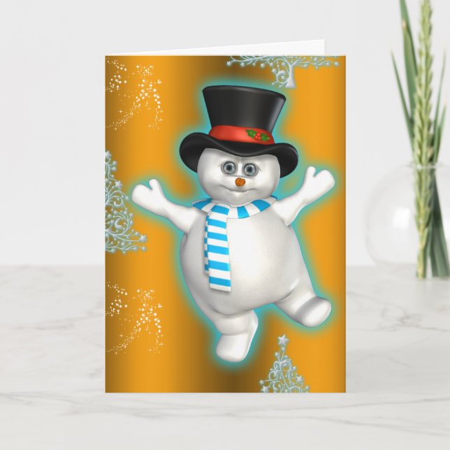 Niedlich Dancing Snowman Gold Weihnachten Karte (Vorderseite)