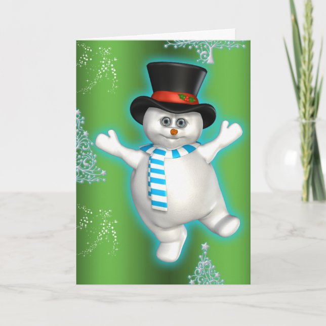 Niedlich Dancing Snowman Green Weihnachten Karte (Vorderseite)