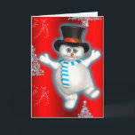 Niedlich Dancing Snowman Red Christmas Karte<br><div class="desc">Eine niedliche Weihnachtskarte mit einem bezaubernden Schneemann, der in einem glänzenden schwarzen Top-Hut gekleidet ist und einen blau-weiß gestreiften Schal trägt. Er tanzt im Schnee mit Weihnachtsbäumen um ihn herum, alles auf einem farbenfrohen roten Hintergrund. Diese festliche Karte wird ein großer Hit sein mit dem, wer das Glück hat, sie...</div>