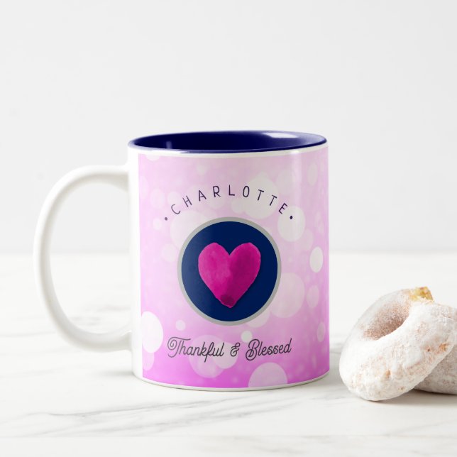 Niedlich dankbar und gesegnet Herz, Ihren Namen ro Zweifarbige Tasse (Mit Donut)