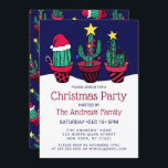 Niedlich dekorierte Kakteen Tree Lights Weihnachte Einladung<br><div class="desc">Diese niedliche, künstlerische und lustige Weihnachtsfeier lädt zum Festen und Feiern ein. Es ist mit einer handgezeichnet Darstellung von Rot-, Grün-, Schwarz- und Multikulturalbäumen versehen, die Gartenflächen, Lichter, Ziergegenstände, Zuckerrohr, Sternenkuchen und einen Weihnachtshut auf einem weißen Schneebett und einem dunkelblau-marineblauen Himmel umfasst. Es ist künstlerisch, festlich, bezaubernd und einzigartig; perfekt,...</div>