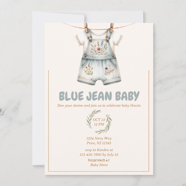 Niedlich Denim Blue Jean Baby Shower Einladung (Vorderseite)
