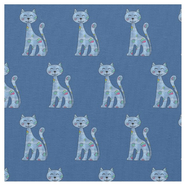 Niedlich Denim n Blume Cartoon Katzengewebe Stoff (Nahaufnahme)